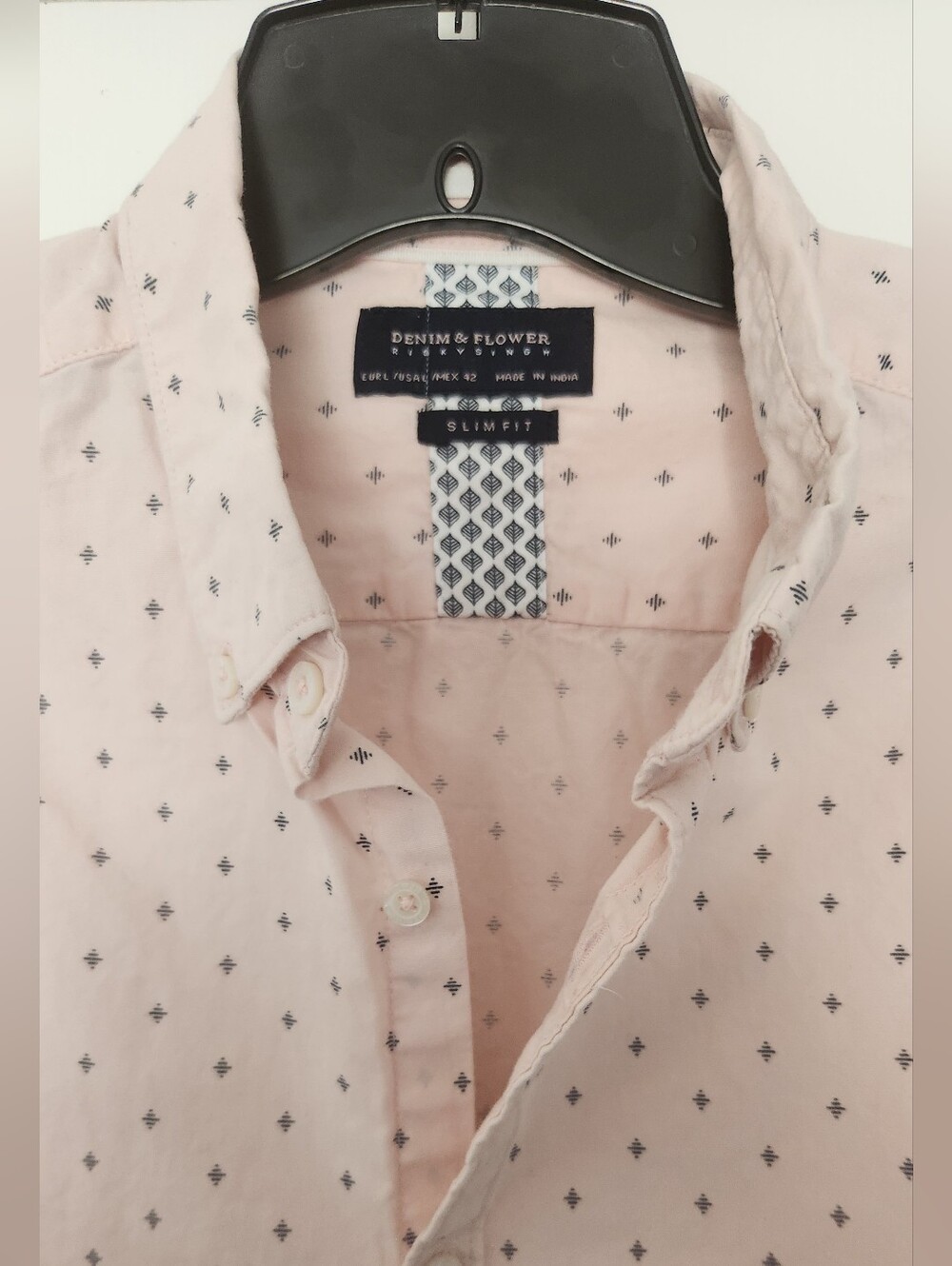 Denim & Flower Light Pink Button-Down Shirt with Micro Navy Print